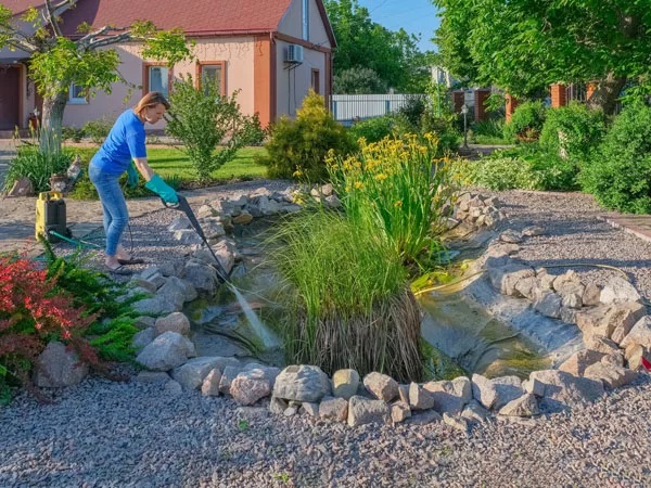 pressure washing around pond